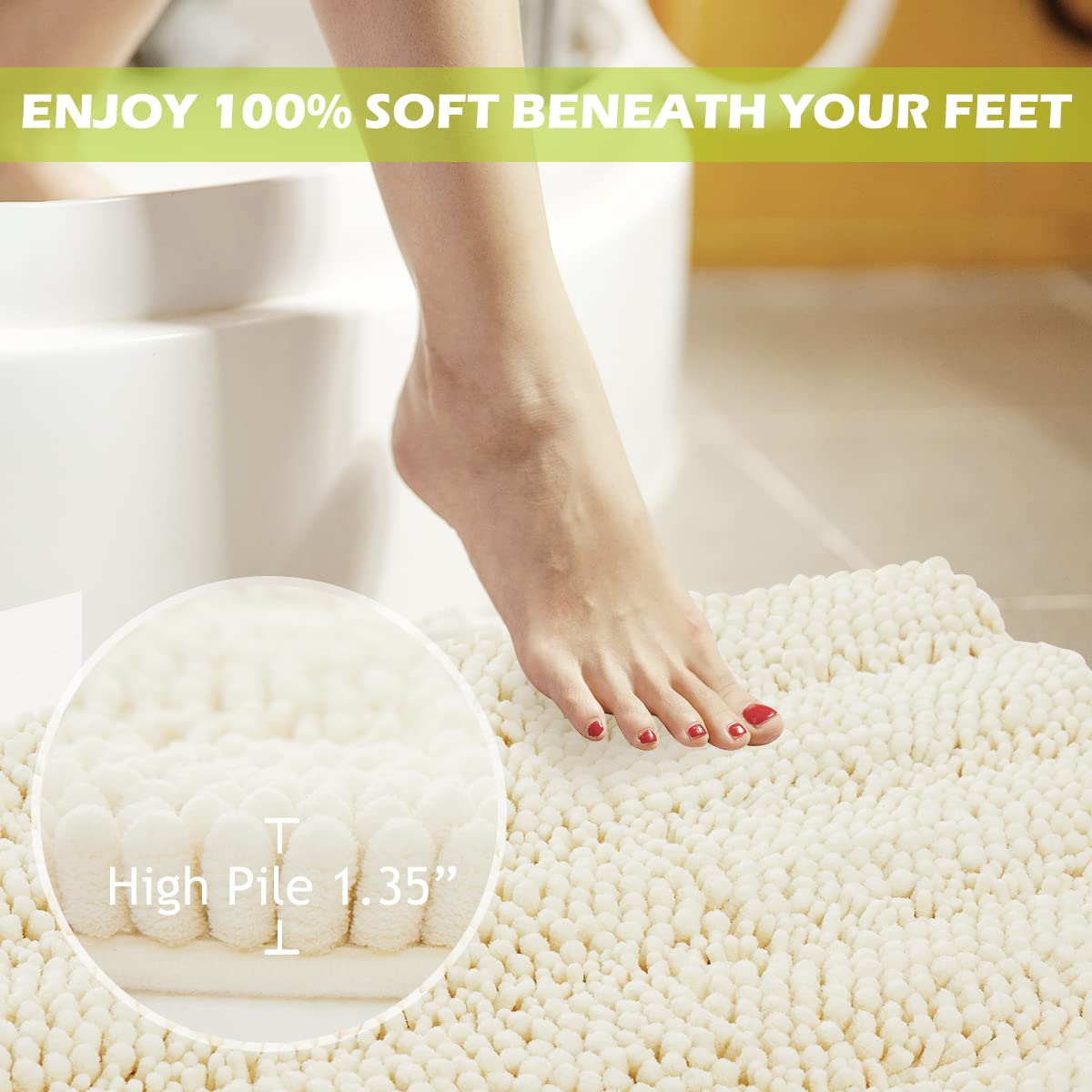 Bath Mat for Bathroom - White Super Soft Shower Rug Non-Slip Washable Absorbent Quick Drying Chenile Bathtub Floor Carpet  Cream 60 x 24  1 Piece
